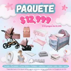 Paquete de carriola, portabebé, cuna, bañera, pañalera + accesorios