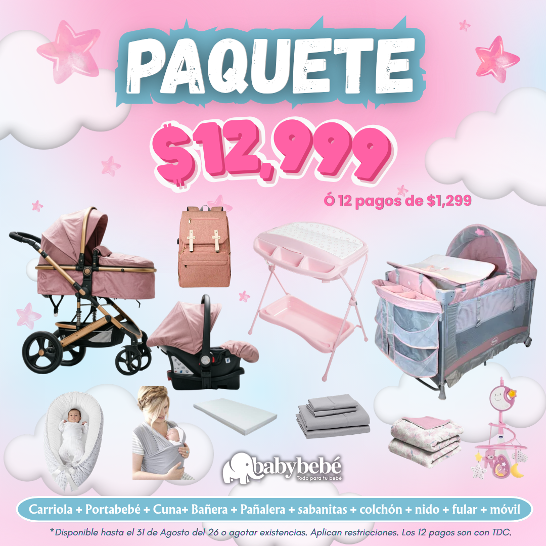 Paquete de carriola, portabebé, cuna, bañera, pañalera + accesorios