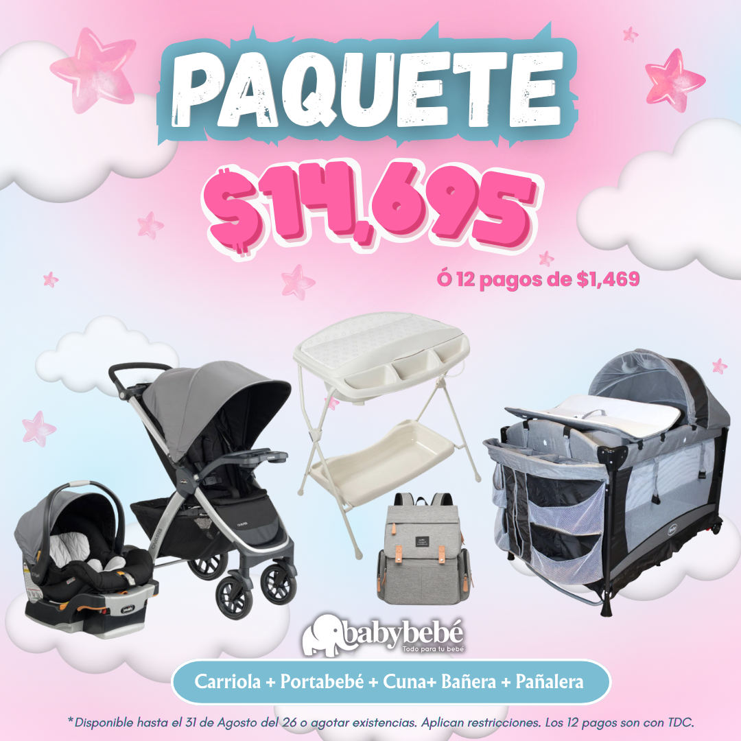 Paquete de carriola, portabebe, cuna, bañera y pañalera