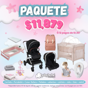 Paquete de carriola, portabebé, cuna, bañera, pañalera + accesorios