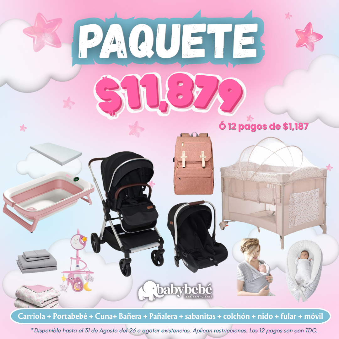 Paquete de carriola, portabebé, cuna, bañera, pañalera + accesorios