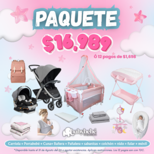 Paquete de carriola, portabebé, cuna, bañera, pañalera + accesorios