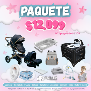 Paquete de carriola, portabebé, cuna, bañera, pañalera + accesorios