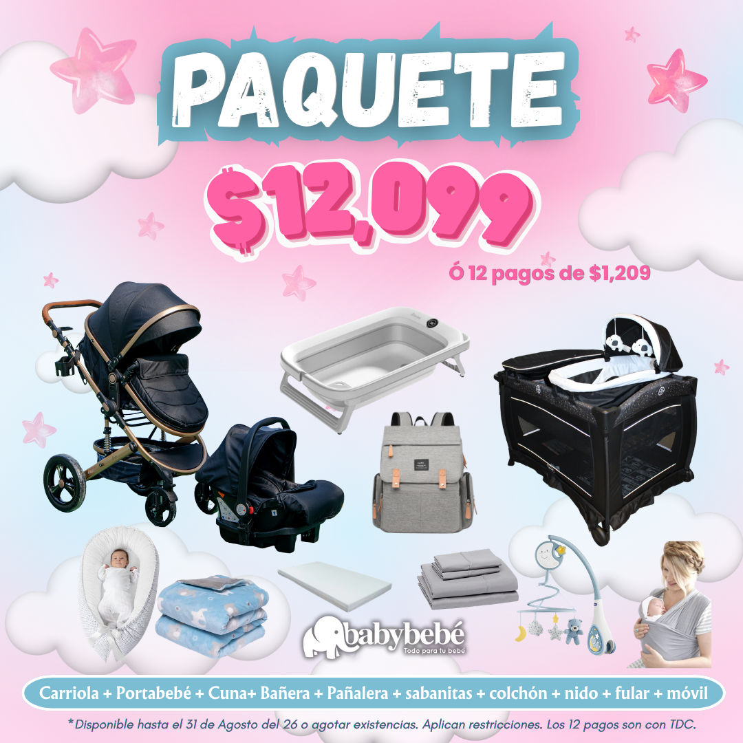 Paquete de carriola, portabebé, cuna, bañera, pañalera + accesorios