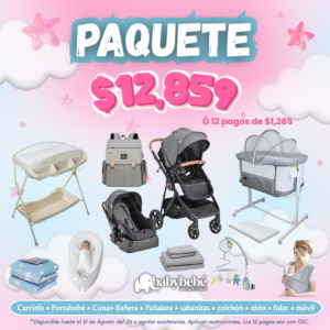 Paquete de carriola, portabebé, cuna, bañera, pañalera + accesorios